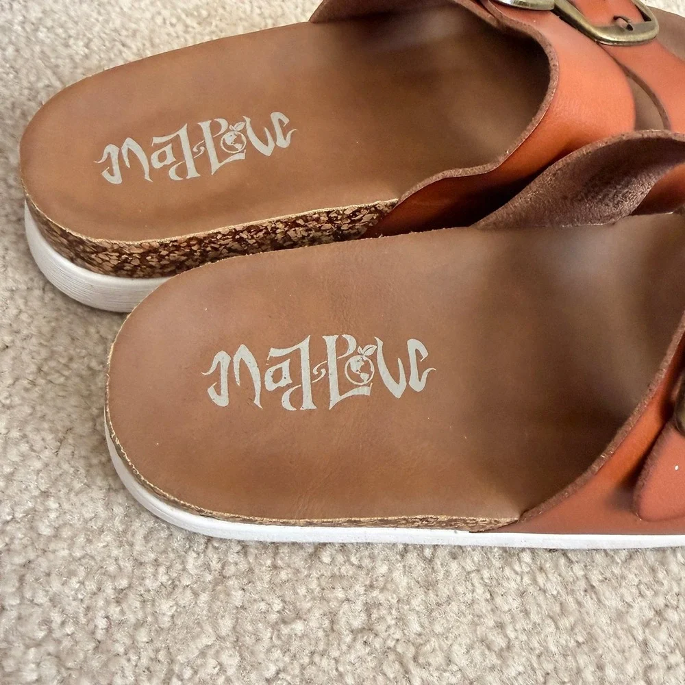 Mad Love Cognac Brown Double Strap Buckle Footbed Slide Sandals Womens 9